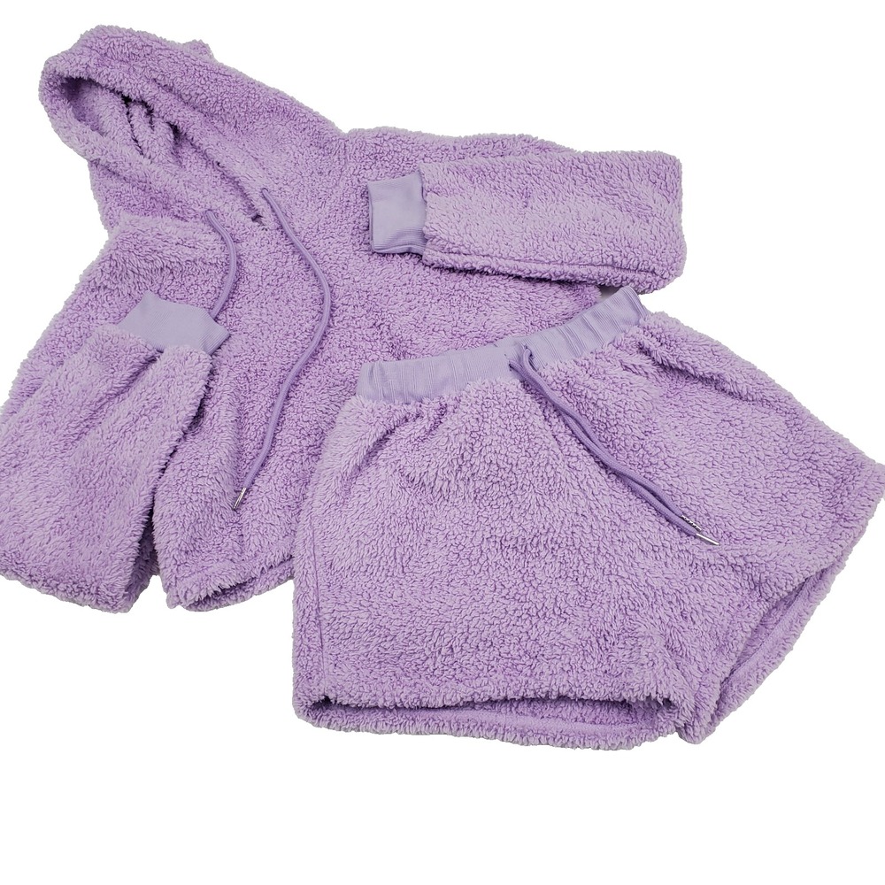 Romwe‎ Womens Purple Drawstring Teddy Hoodie & Drawstring Shorts Size S Soft